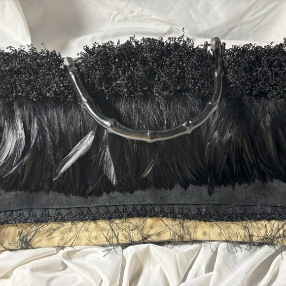 Unique Black & White Purse with Black Feathers - Picture 4 of 5